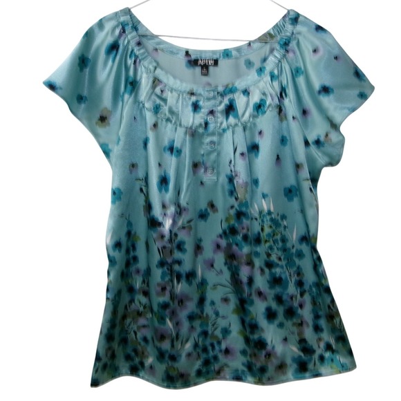 Apt. 9 Tops - Apt 9 Womens Teal Floral Satin Blouse Short Flutter Sleeve Scoop Neck Medium